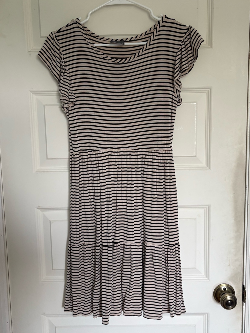 Olivia Rae Striped Short-Sleeve Tiered Mini Dress